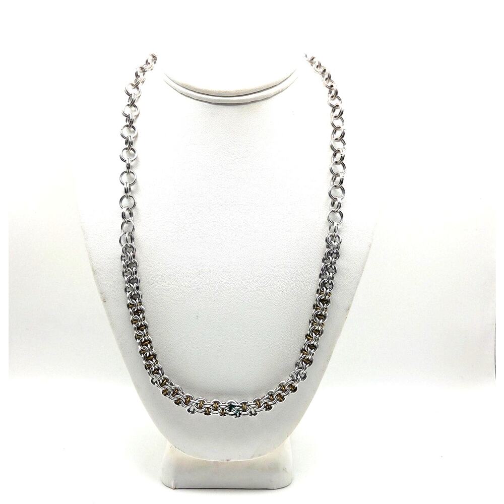 Hand Crafted Chainmaille Box Weave Stainless Captured Green Gem Necklace Unisex
